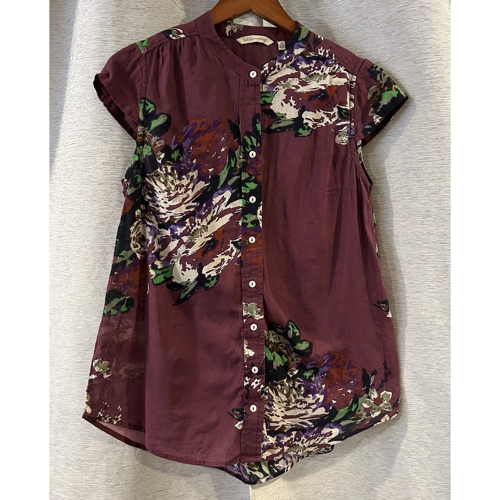 Soft Surroundings Purple Floral Tunic Top Button‎ Down Womens PS
